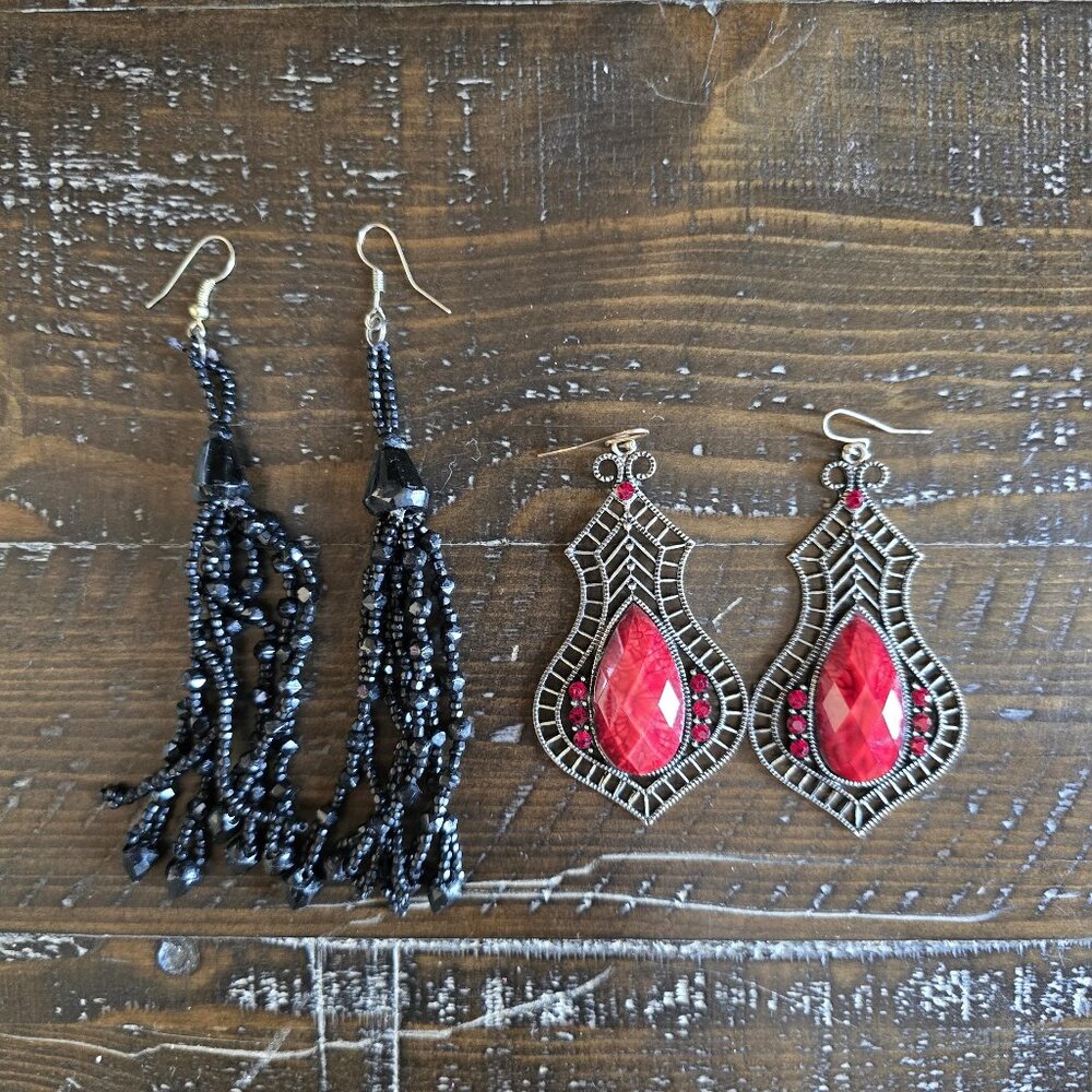 Vintage Whimsygoth Lot of 2 Pairs of Earrings Dangle Black Tassel Red Beaded